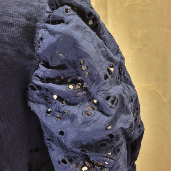 Eyelet Puff Sleeve Mixed Media Navy Top - Picture 5 of 13